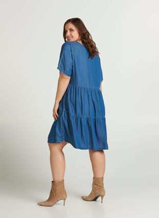 Denim jurk met korte mouwen en plooien, Medium Blue, Model image number 1