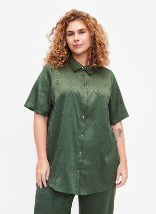 Lang shirt met structuurpatroon, Duck Green, Model image number 0
