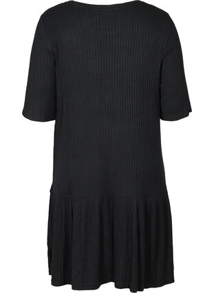 Geribbelde jurk met halflange mouwen, Black, Packshot image number 1