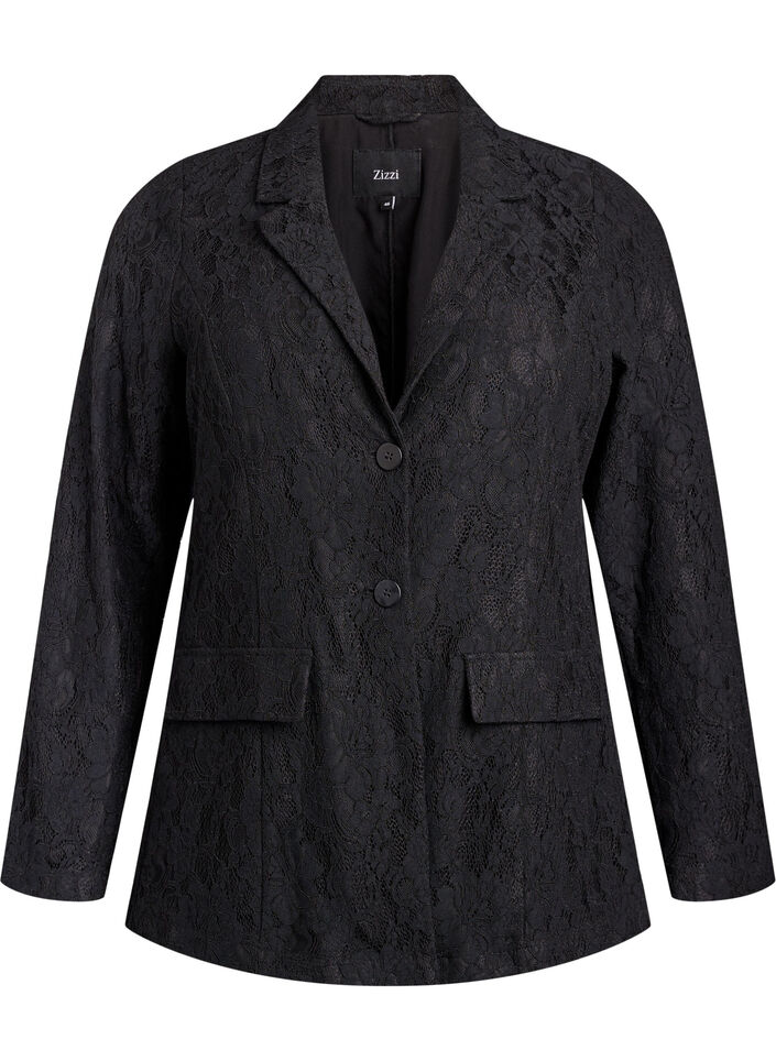 Kanten blazer met knoopsluiting, Zwart, Packshot image number 0