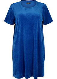  Velours jurk met korte mouwen en ronde halslijn	, Monaco Blue, Packshot