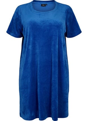  Velours jurk met korte mouwen en ronde halslijn	, Monaco Blue, Packshot image number 0
