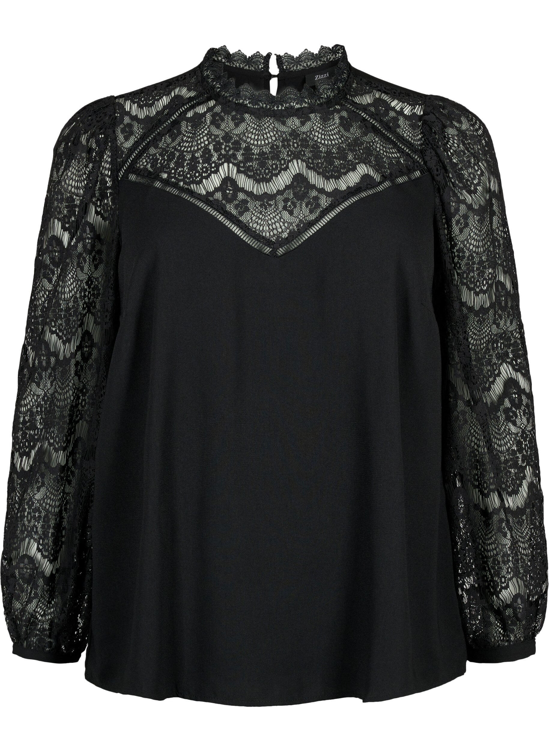 Zizzi Blouse met lange mouwen en kant, Black, Packshot image number 0