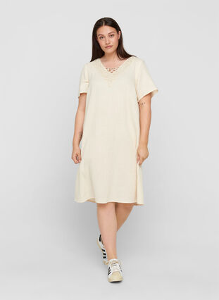Katoenen jurk met korte mouwen en borduursel, Beige As Sample, Model image number 2