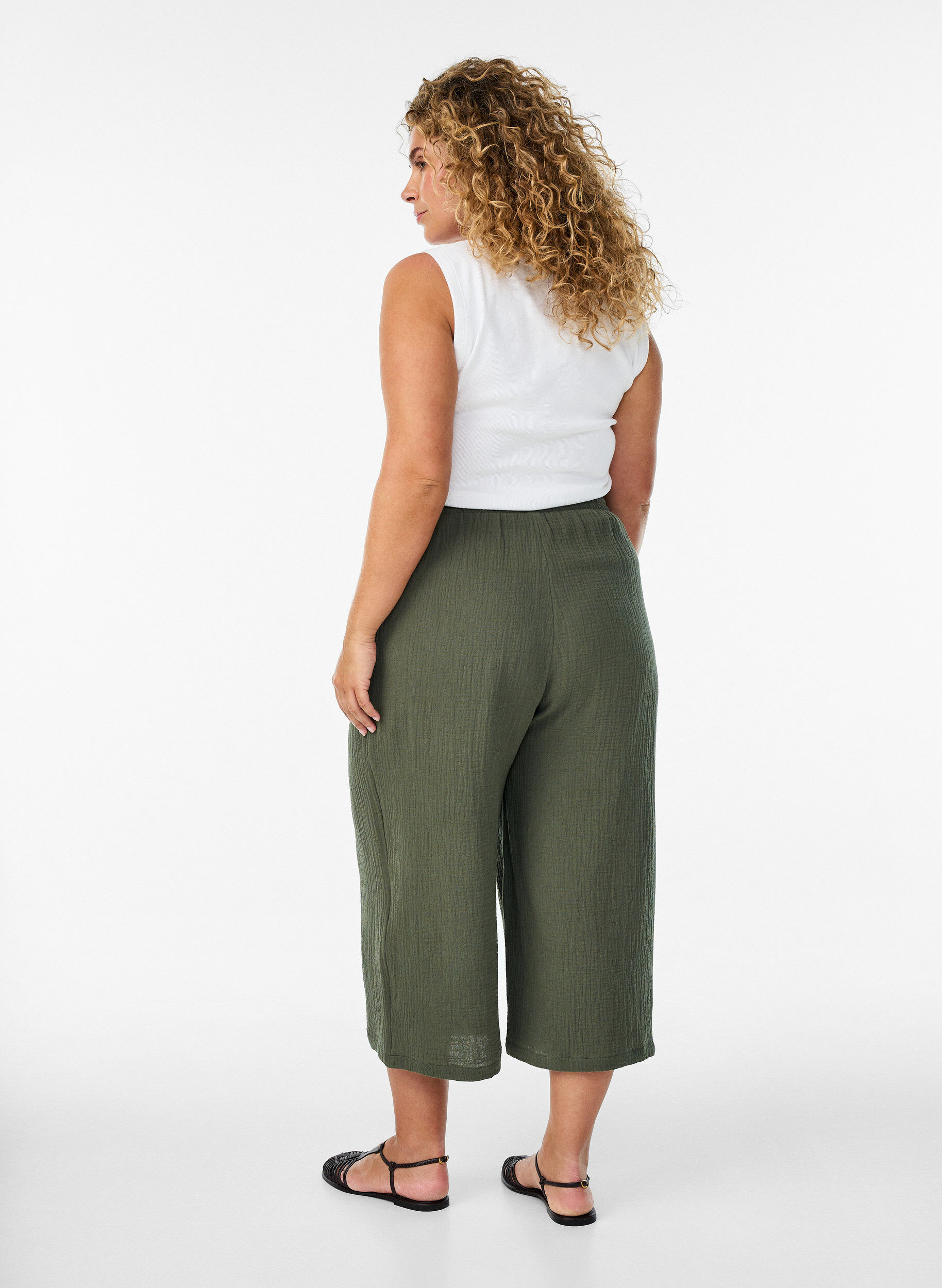 Zizzi Culotte broek van katoen met hoge taille, Groen, Model image number 1