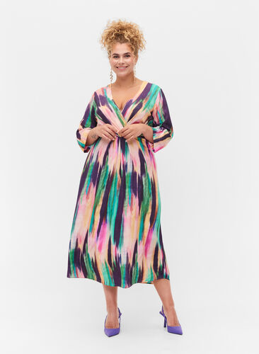 Midi-jurk met print en 3/4 mouwen, Purple AOP, Model image number 0