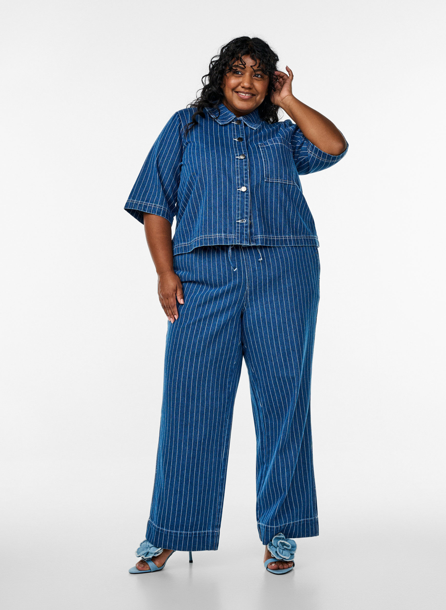 ZizziDenim jeans met wijde pijpen en strepen, Blauw, Model image number 0