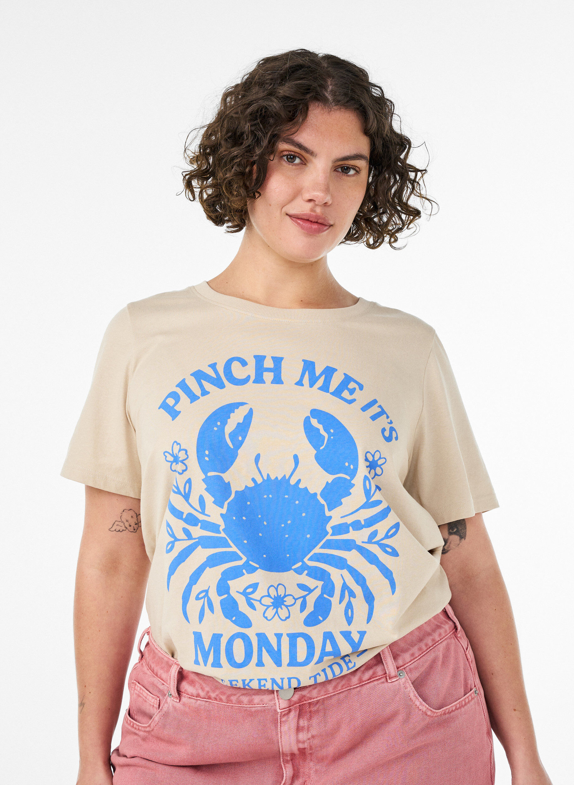 ZizziKatoenen T-shirt met print, Beige, Model image number 0