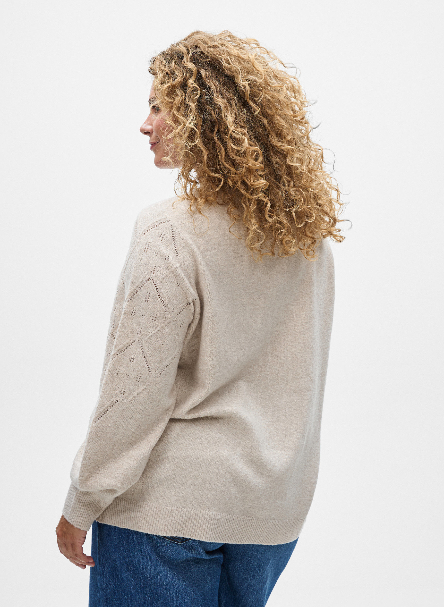 Zizzi Gebreide top met opengewerkt patroon en ballonnen mouwen, Beige, Model image number 2