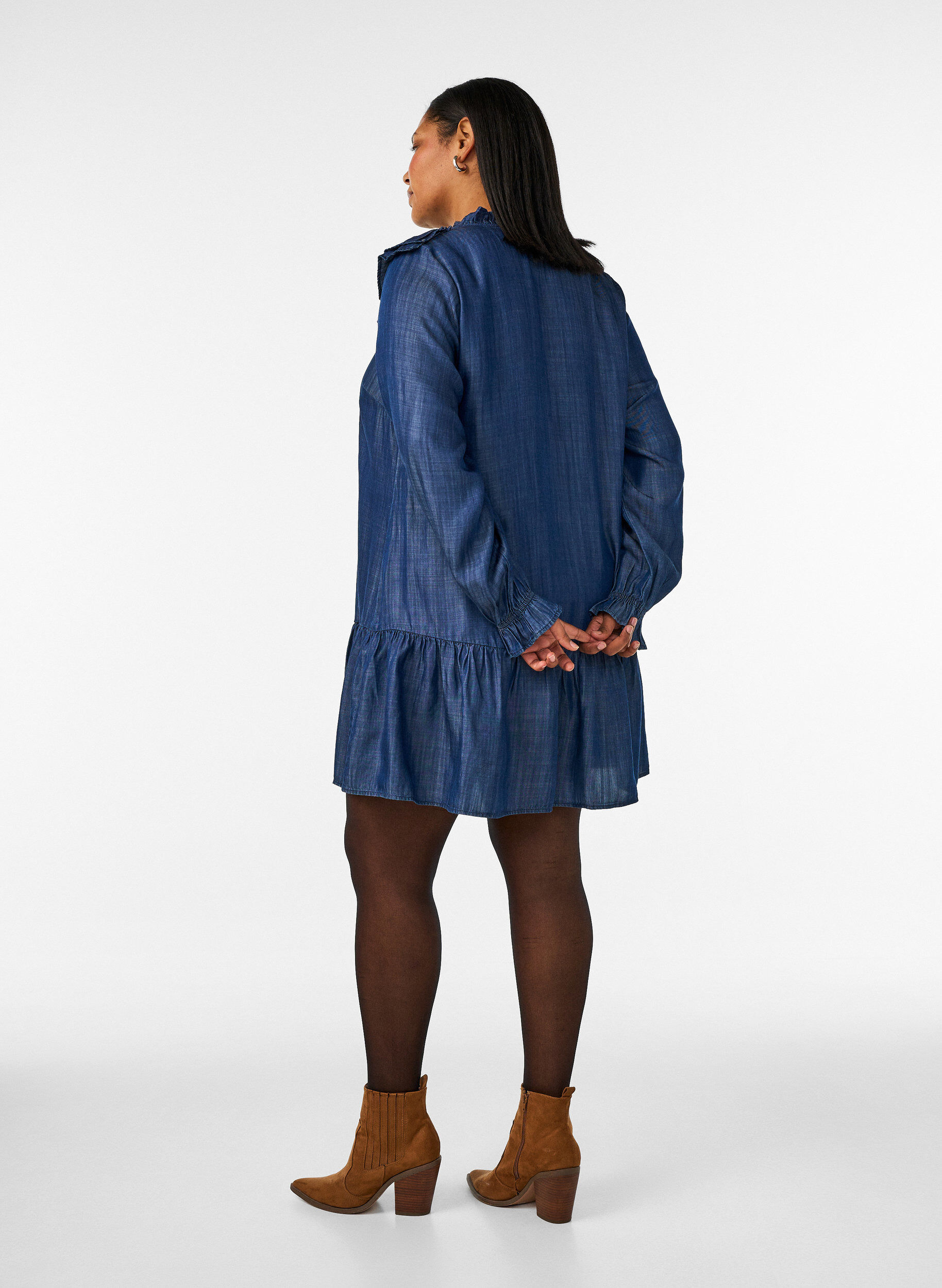 ZizziKorte jurk in denimlook met ruches, Blauw, Model image number 2