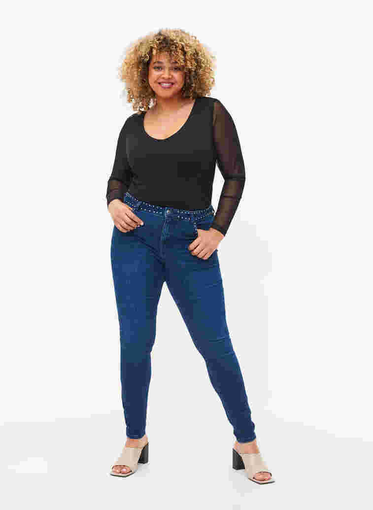 Super slanke Amy jeans met klinknagels, Dark blue, Model image number 0