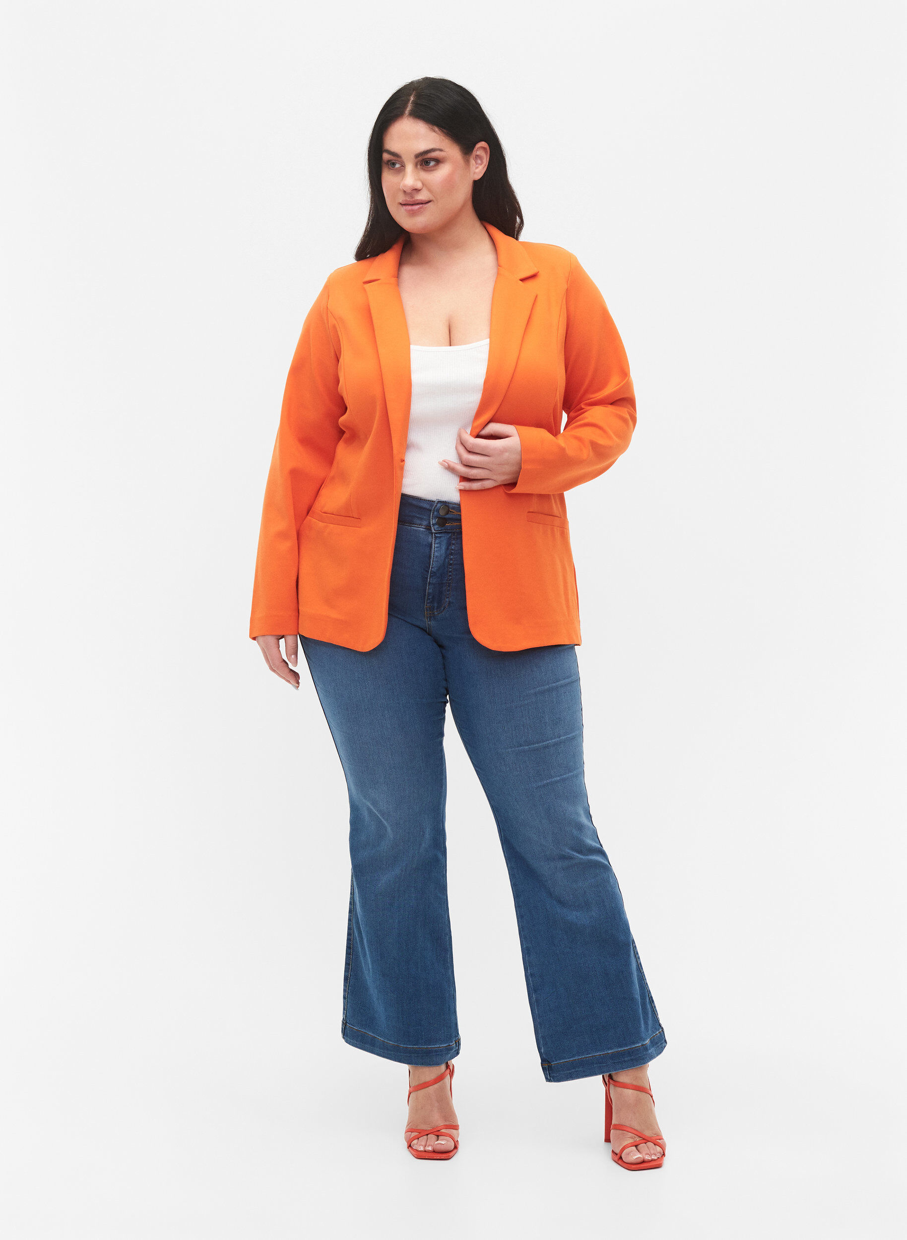 Zizzi Basic blazer met knoop en sierzakken, Mandarin Orange, Model image number 2