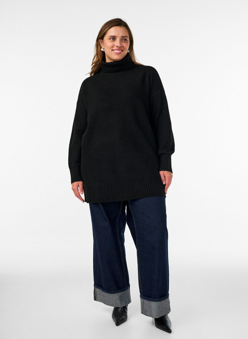 Losse gebreide trui met coltrui, Zwart, Model image number 1