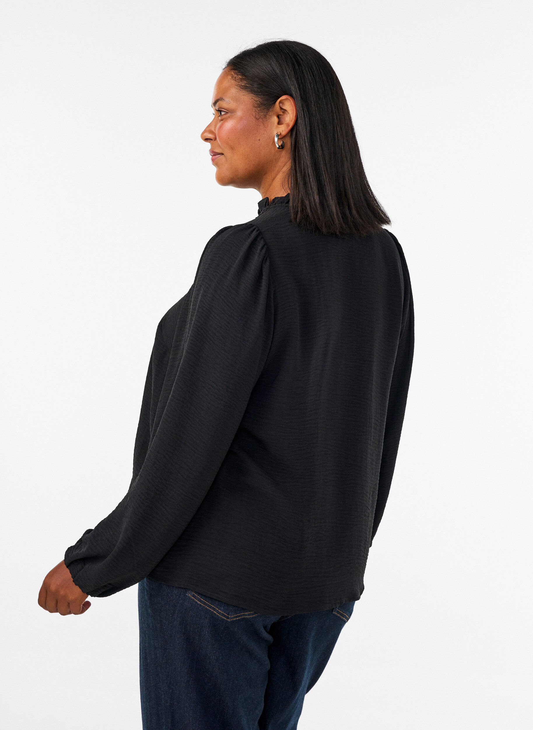 ZizziBlouse met V-hals en gehaakte sierband, Zwart, Model image number 2