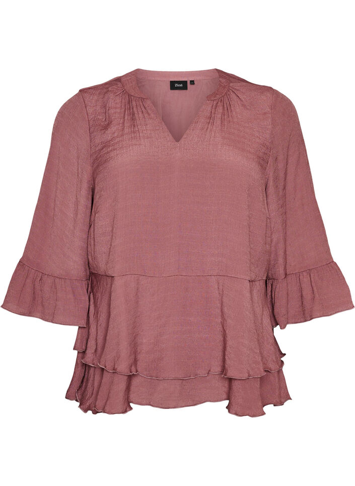 Blouse met 3/4-mouwen en ruchesdetails, Roze, Packshot image number 0