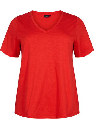 Basic t-shirt met korte mouwen en v-hals, Flame Scarlet, Packshot image number 0