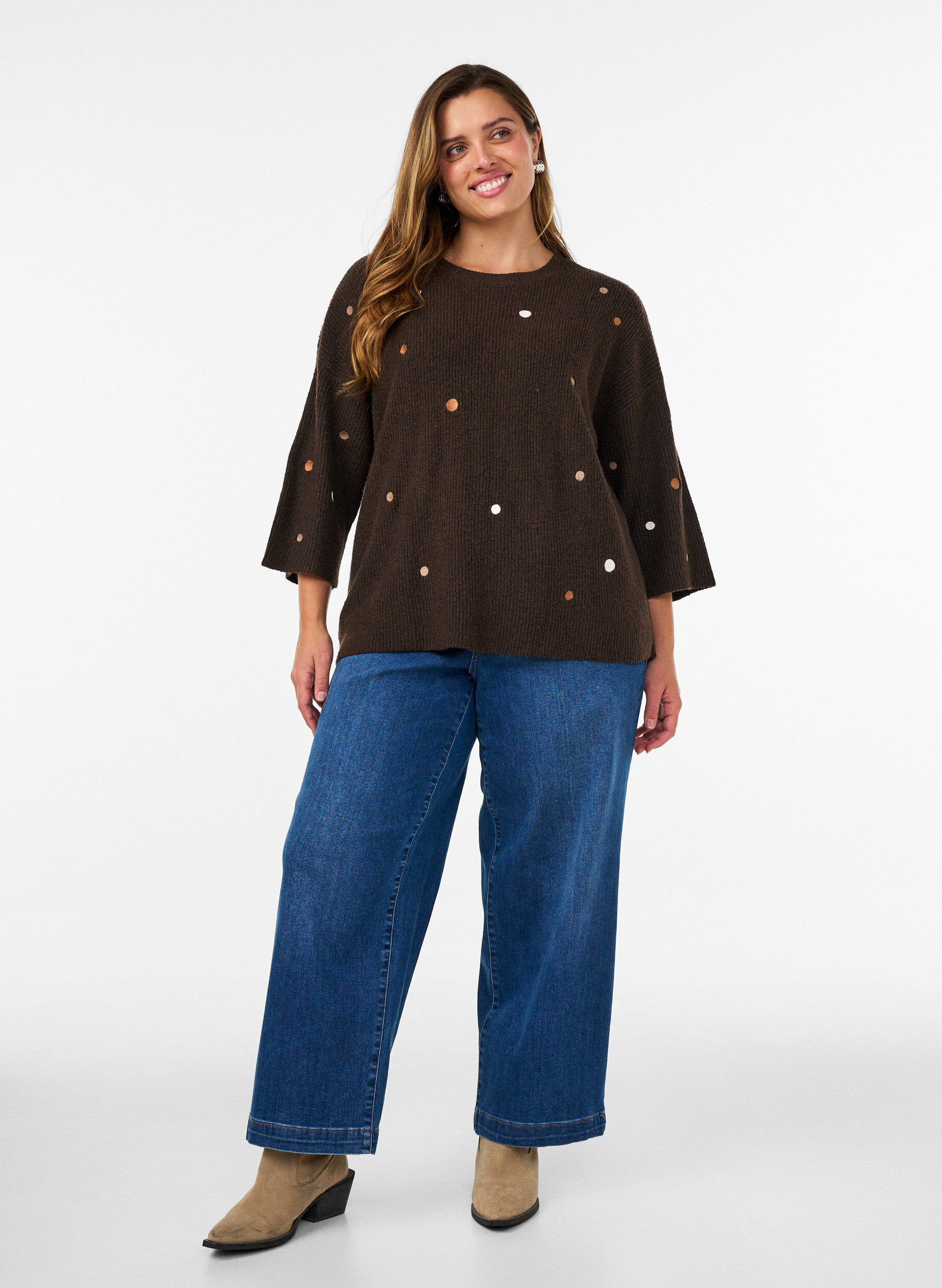ZizziGebreide blouse met kleine geborduurde motieven, Bruin, Model image number 1