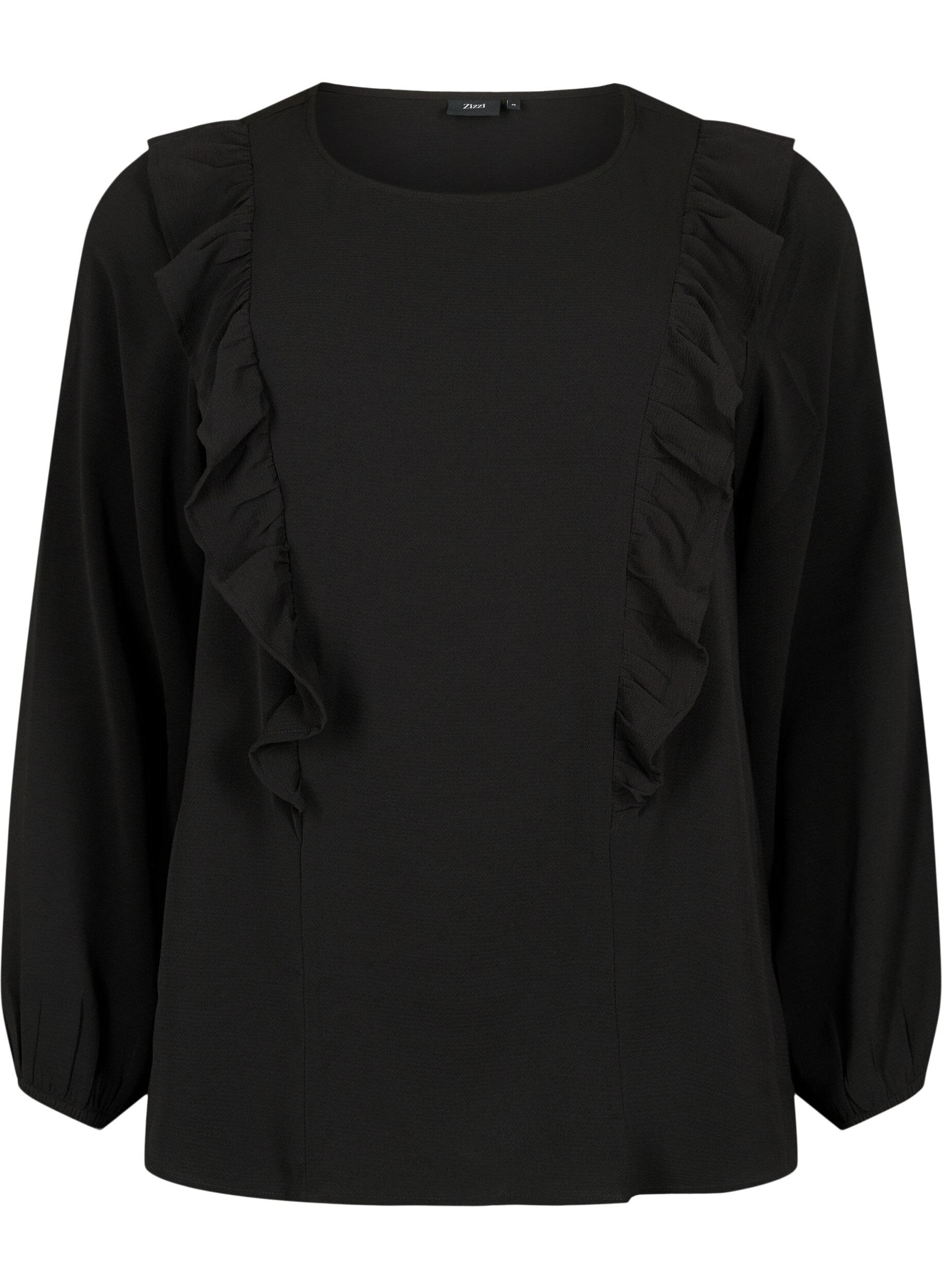 Zizzi Blouse met lange mouwen en ruches, Black, Packshot image number 0