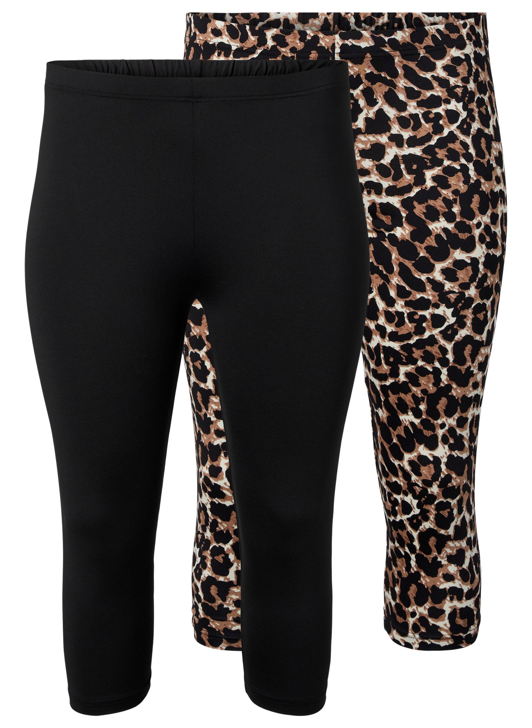 Zizzi 2-pack van 3/4 leggings, Black / LEO AOP, Packshot image number 0