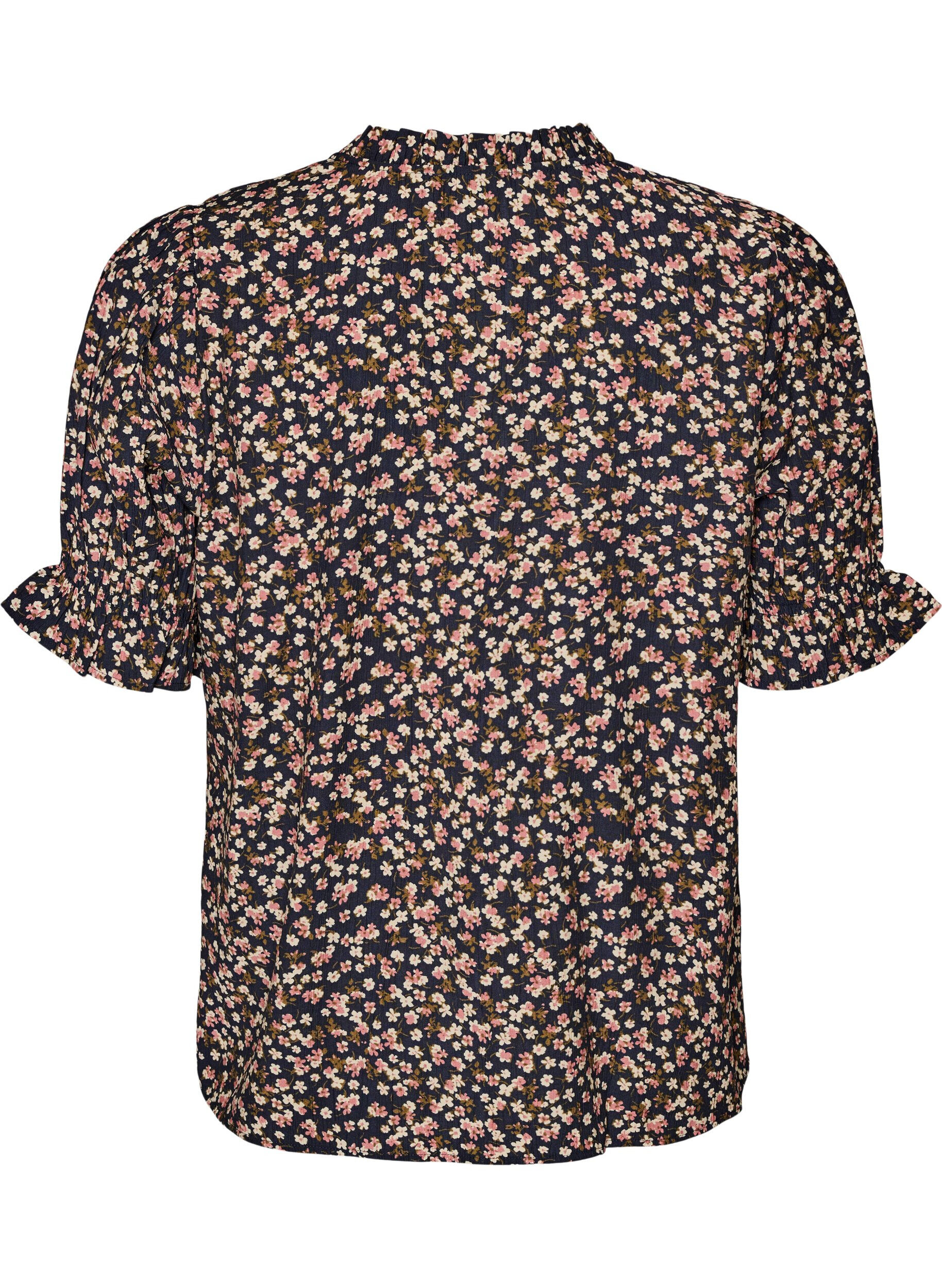 ZizziBlouse van viscose met bloemenprint, korte mouwen en smockdetails, Blauw, Packshot image number 1