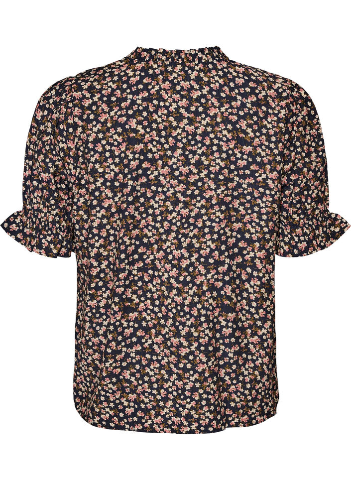 Blouse van viscose met bloemenprint, korte mouwen en smockdetails, Blauw, Packshot image number 1