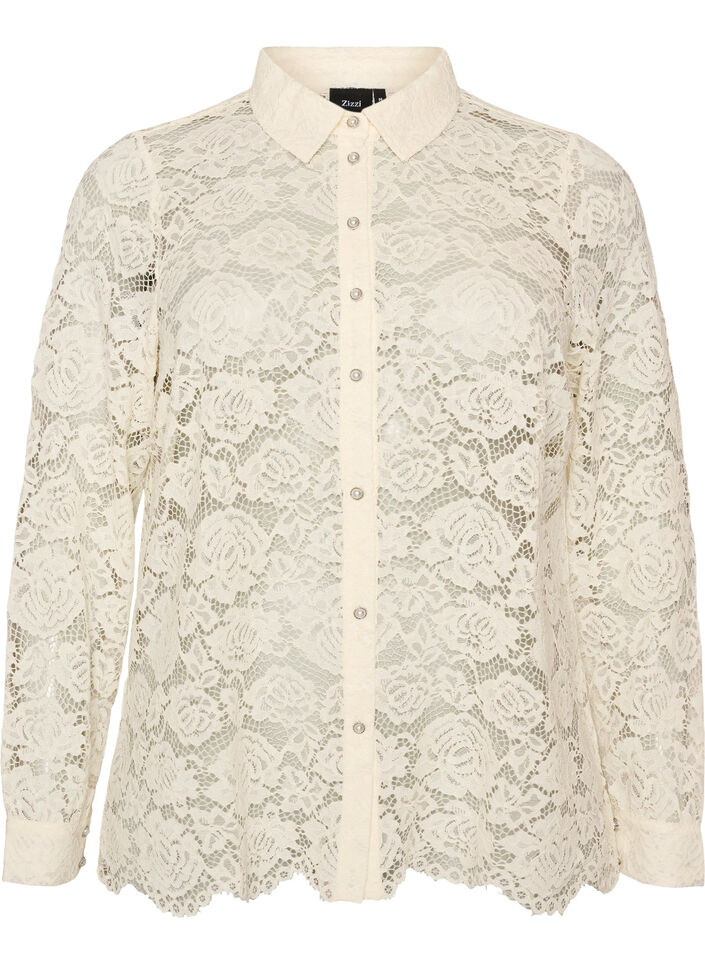 Kanten shirt met parelknopen, Vanille, Packshot image number 0