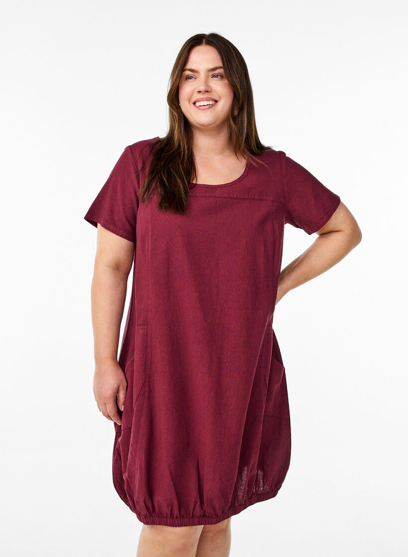 Katoenen jurk met korte mouwen, Donker Bordeaux, Model image number 0