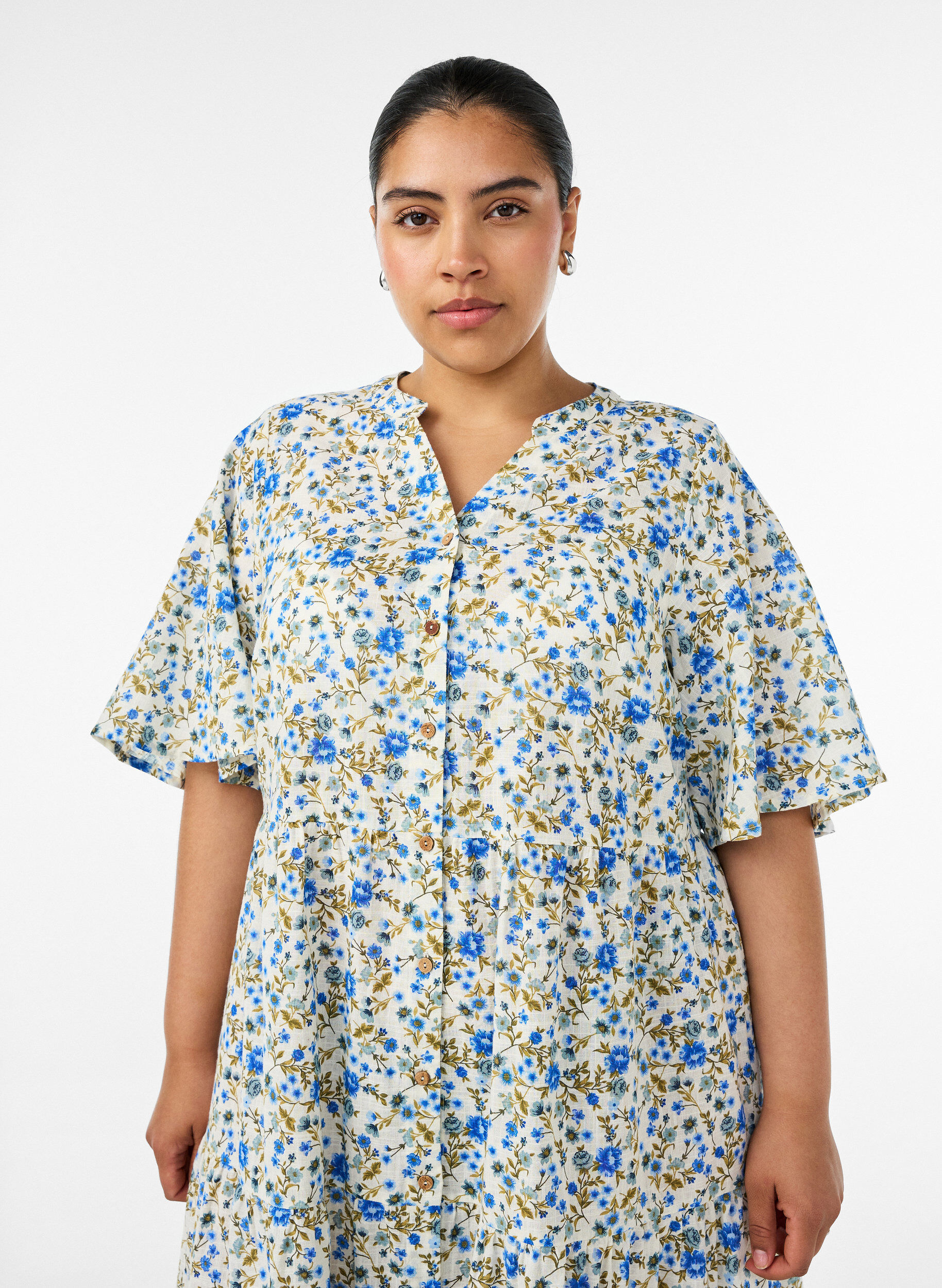 ZizziKatoenen midi jurk met bloemenprint, Blauw, Model image number 2