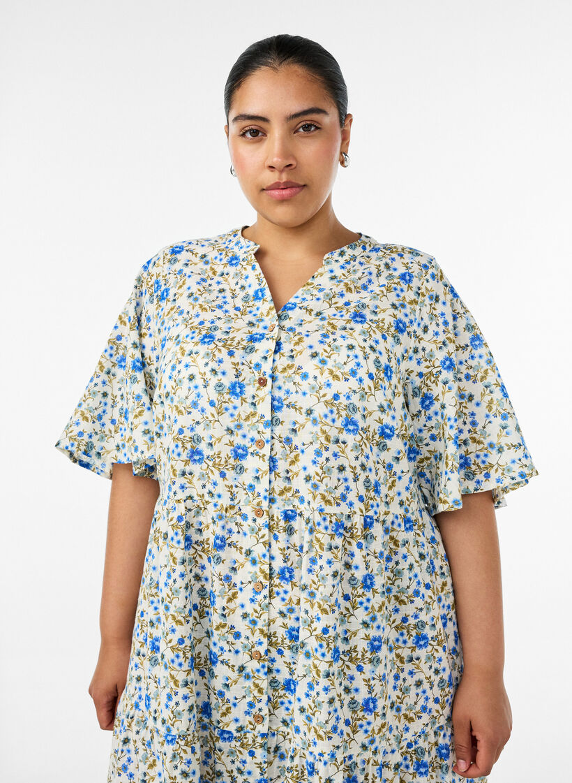 Katoenen midi jurk met bloemenprint, Blauw, Model image number 2