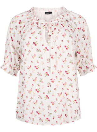 Gebloemde viscose blouse met halve mouwen, B. White Rose Flower, Packshot image number 0