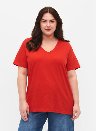 Basic t-shirt met korte mouwen en v-hals, Flame Scarlet, Model image number 0