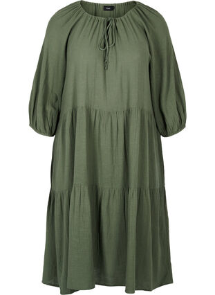 Katoenen jurk met 3/4 mouwen en strikje, Thyme, Packshot image number 0