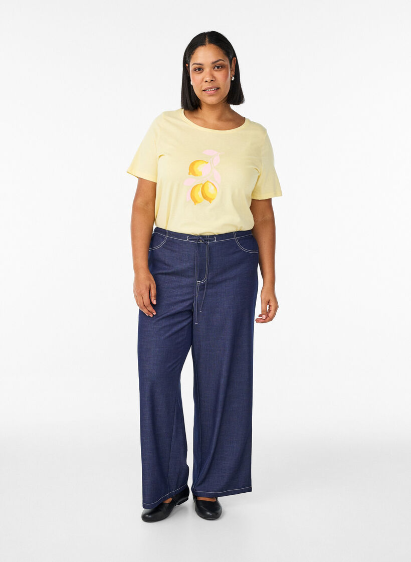 Denimlook broek met contrasterende stiksels, Blauw, Model image number 0