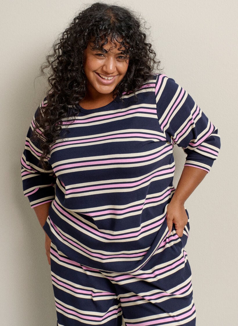 Gestreepte pyjamabroek met wijde pijpen, Blauw, Image