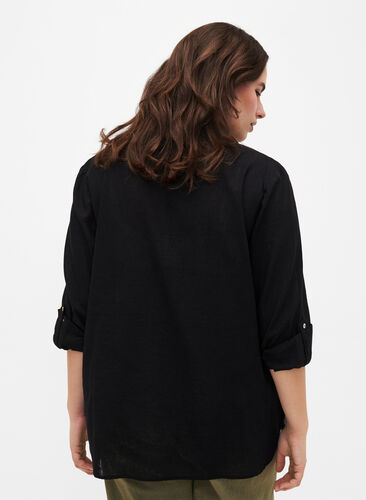 Shirt blouse met knoopsluiting van katoen-linnenmix, Black, Model image number 1
