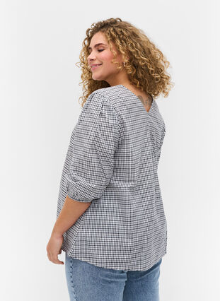 Geruite katoenen blouse met 3/4-mouwen, Black/White Check, Model image number 1