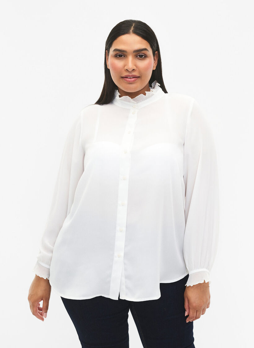 Shirt blouse met ruches, Bright White, Model image number 0