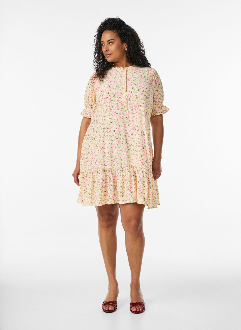 Korte viscose jurk met ruchesdetails, Geel, Model image number 1