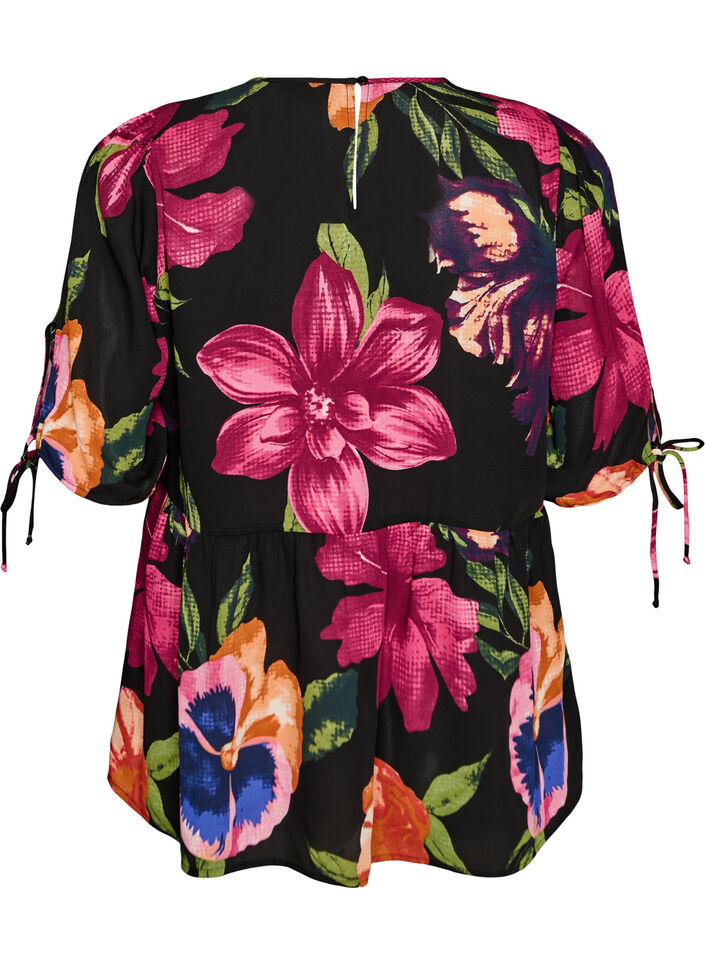 Blouse met bloemenprint en peplum, Zwart, Packshot image number 1