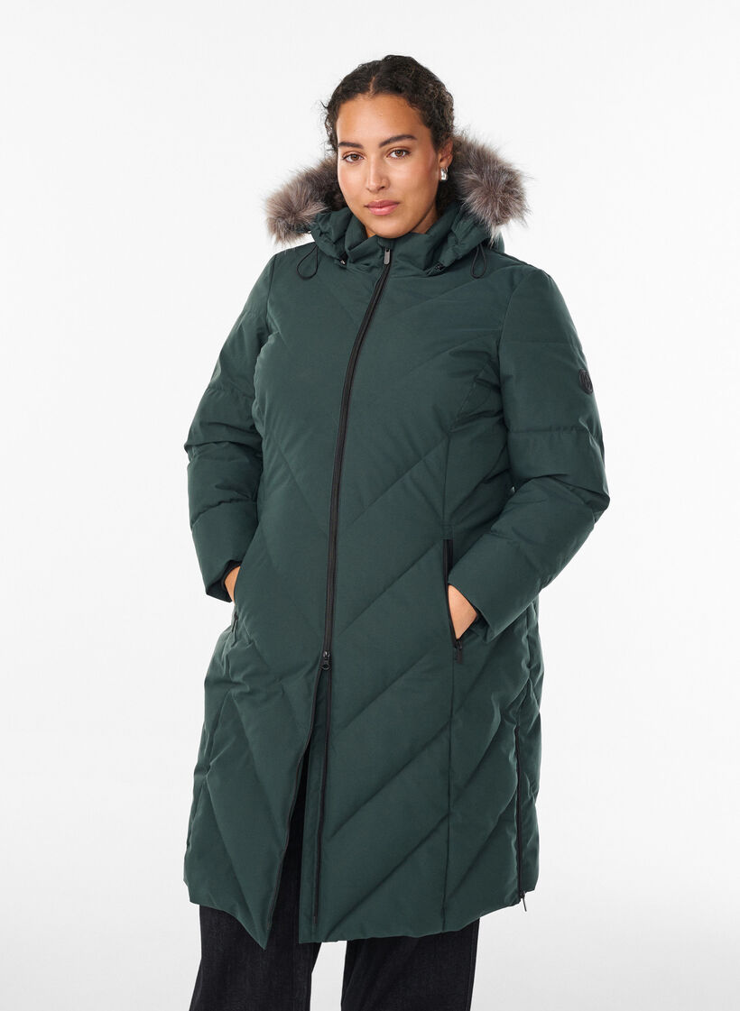 Lange winterjas met haaksluitingen en een nep bontkraag, Groen, Model image number 0