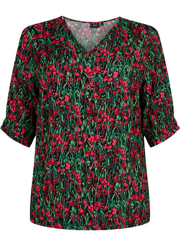 Viscose blouse met knopen, Black w. Pink Flower, Packshot image number 0