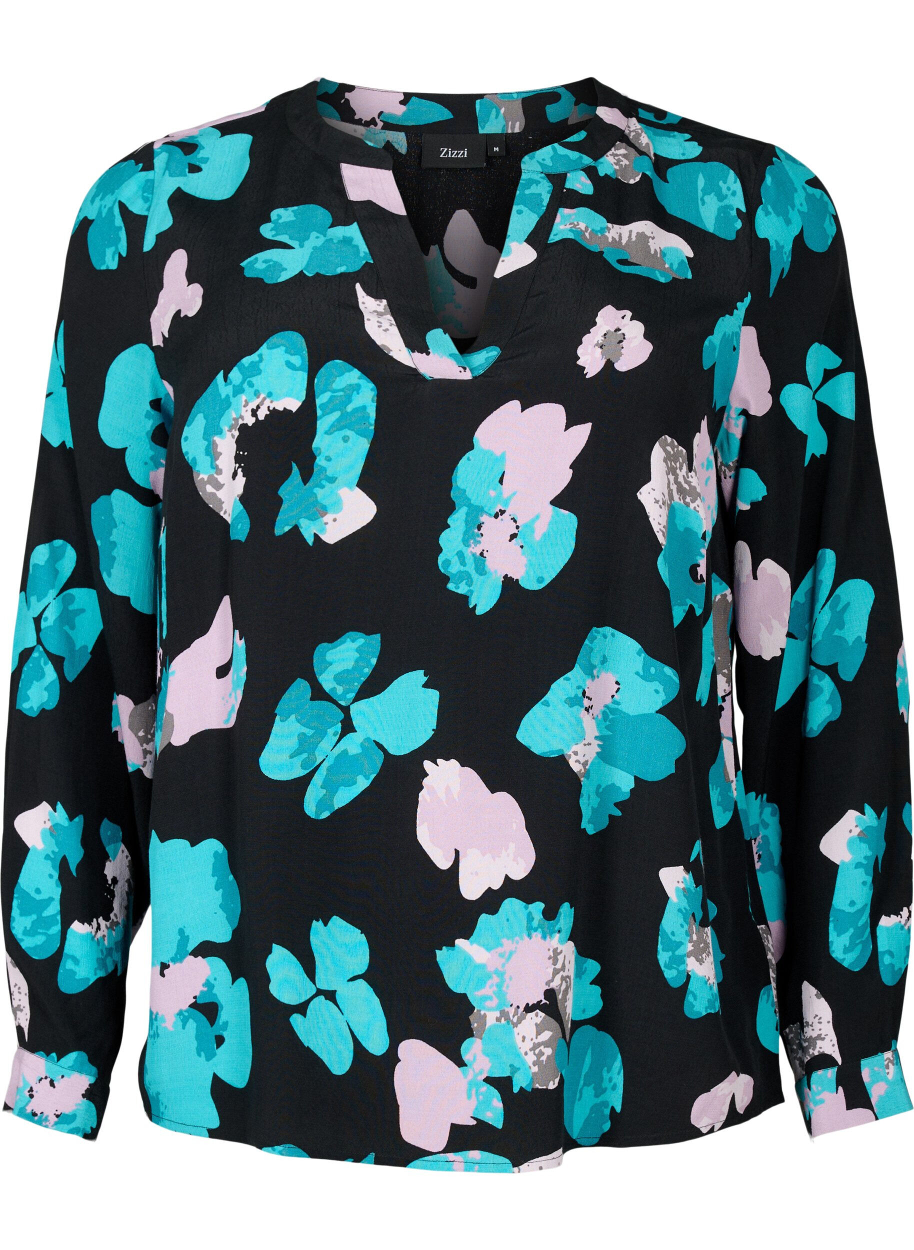 Zizzi Viscose blouse met print en lange mouw, Blue AOP, Packshot image number 0