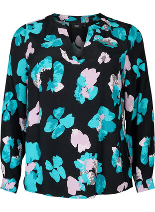 Viscose blouse met print en lange mouw, Blue AOP, Packshot image number 0