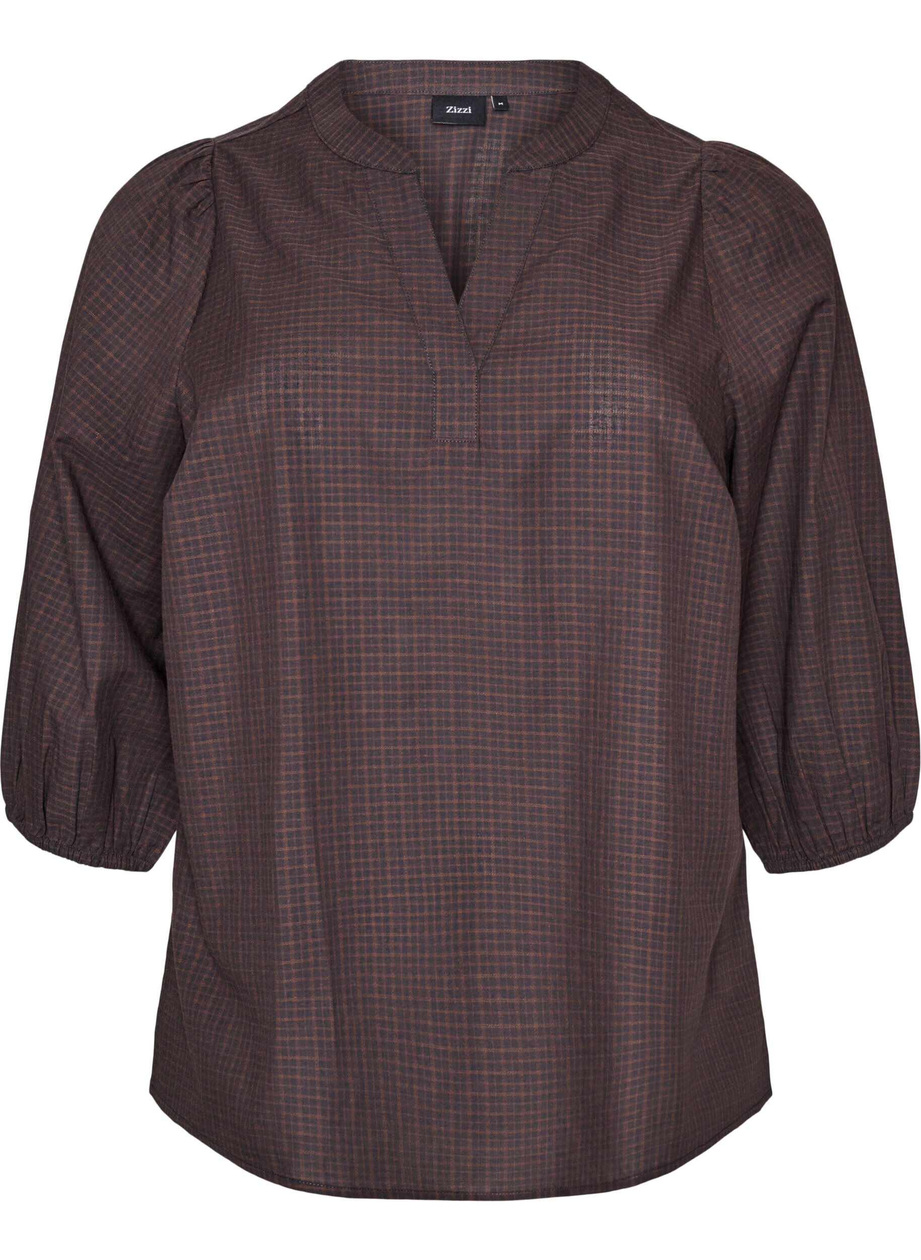 ZizziBlouse met ruitdessin, V-hals en 3/4-mouwen, Bruin, Packshot image number 0