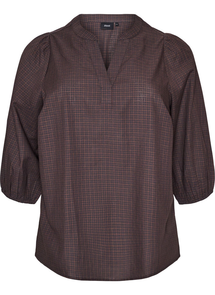 Blouse met ruitdessin, V-hals en 3/4-mouwen, Bruin, Packshot image number 0