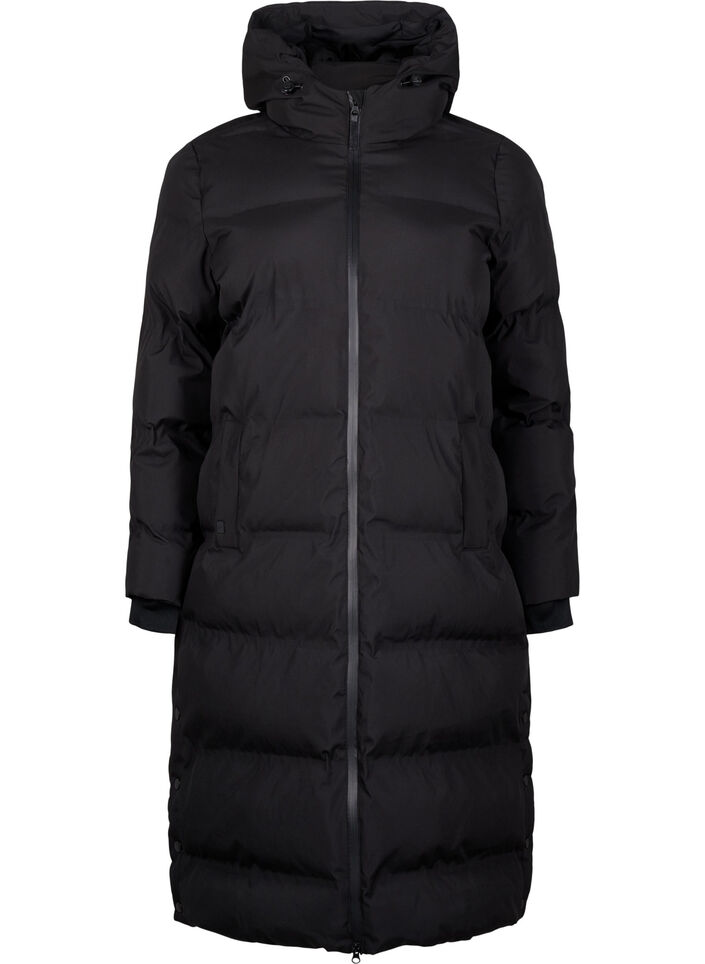 Lange puffer winterjas met capuchon, Zwart, Packshot image number 0