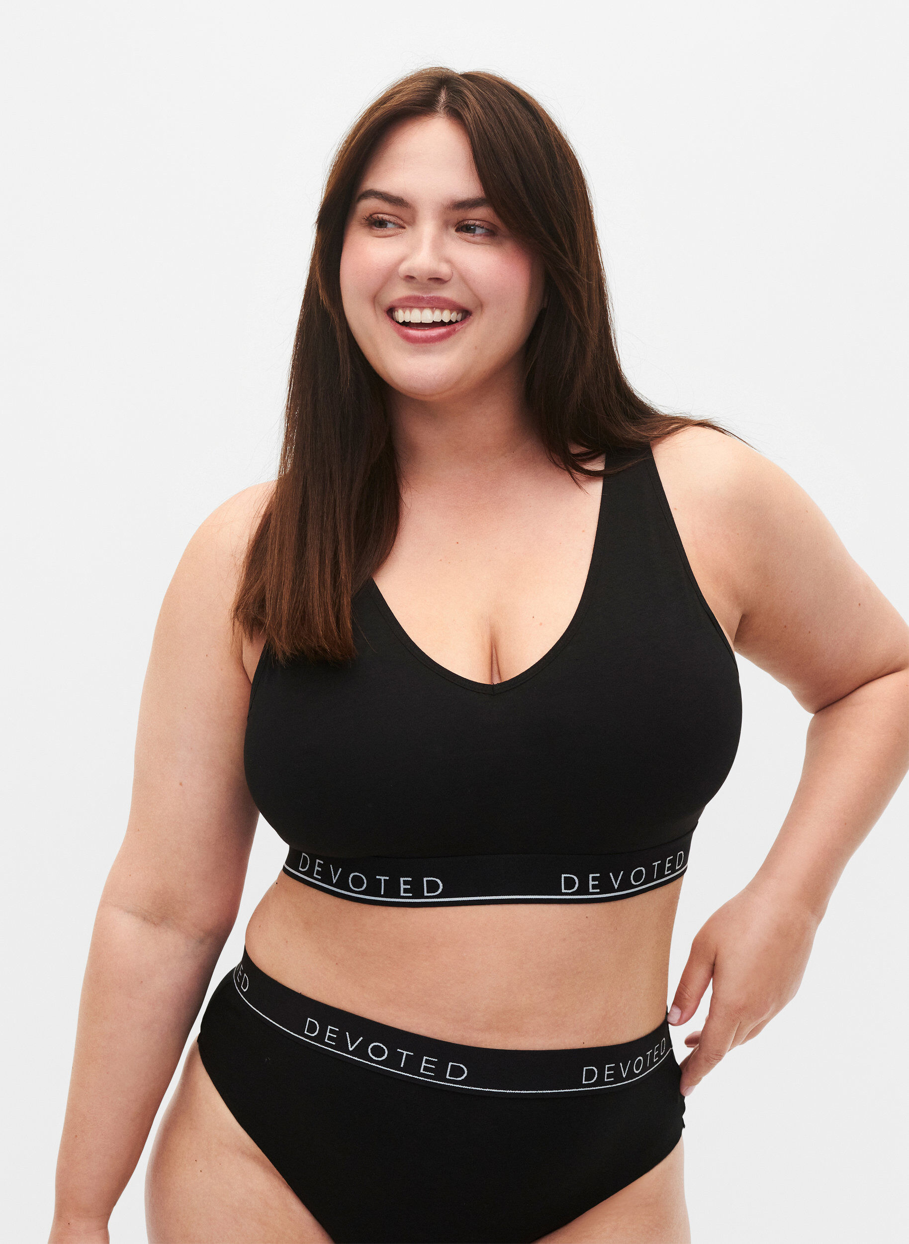 Katoenen beha met V-hals en tekstprint, Zwart, Model