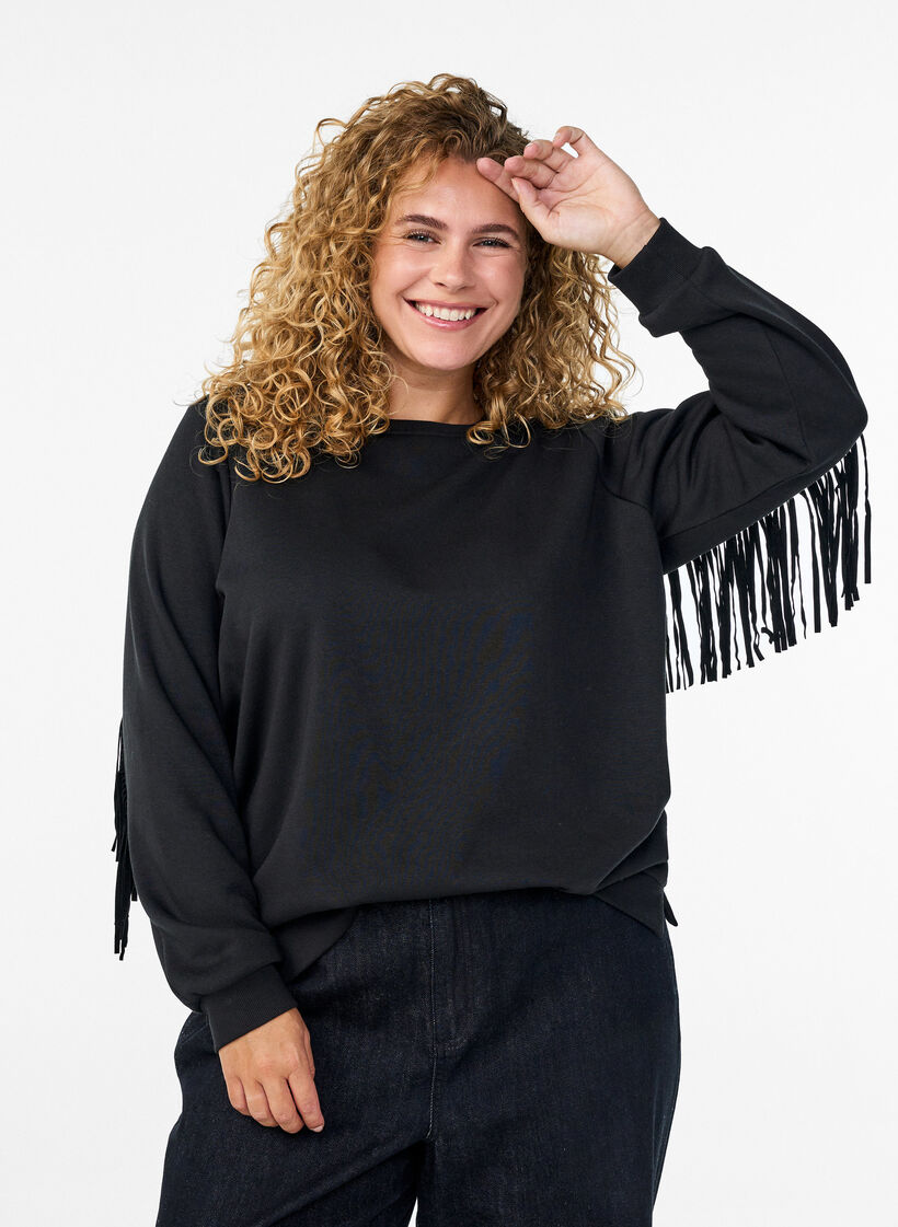 Sweatshirt met franjes, Zwart, Model image number 0