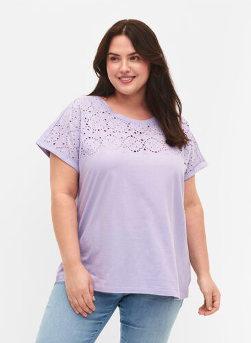 Los t-shirt met borduursel anglaise, Lavender, Model image number 0