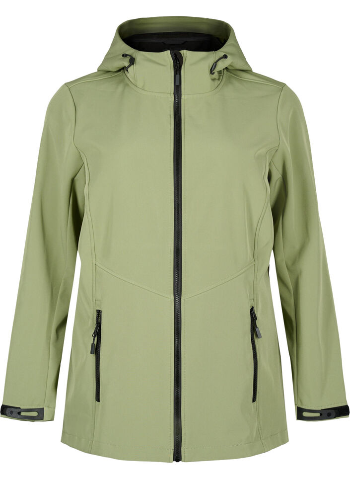 Korte softshell jas met zakken, Oil Green, Packshot image number 0